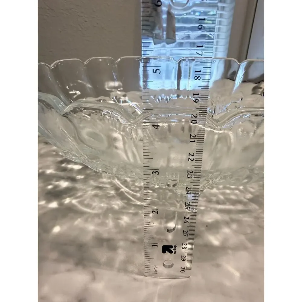 Vintage Clear Pressed Glass Harvest Fruit Bowl 3 Footed Scalloped Centerpiece